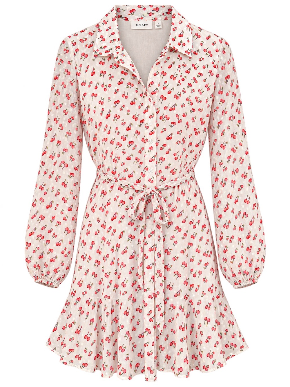 ON 34TH Macy’s Cherry Print Tie Belt Shirt Dress Women’s L Ivory Long Sleeve